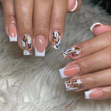 Popxstar 24pcs Summer False Nails with Designs Charms Flame Long Ballerina Fake Nails Wearable Coffin French Nails Tips Press On Nails