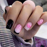 Popxstar 24Pcs Simple Black Fake Nail Short Square Head False Nails with Glitter Star Designs Wearable French Press on Nail Tips Manicure