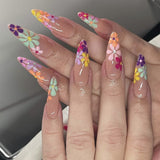 Popxstar 24Pcs False Nails With Glue Almond Pink Butterfly Design Detachable Rhinestones Acrylic Fake Nails long stiletto Press On Nails