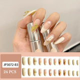 Popxstar 24pcs/box Hairband Bow Pearl Fake Nails Long Pointed Gold Foil French Style Press On Nails False Nails With Glue Finger Tip Art