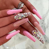 Popxstar 24Pcs French Long Ballet Nails Set Press on Long False Nails with Pink Rhinestone Wearable Coffin Fake Nails Full Cover Nail Tip