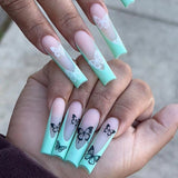 Popxstar 1Box Black Transfer Butterfly Nail Tips 24Pcs/Kit Tai Chi,Smile,Grimace Press On Fake Nails With Glue Long Coffin Wears Nail Tip
