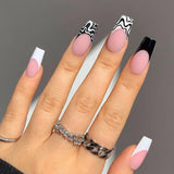 Popxstar Pink Cow Design False Nail French Full Cover Long Coffin Fake Nails Glue DIY Manicure Nail Art Tools Press on Nails Nail Tips Halloween