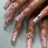 Popxstar 24Pcs French Long Ballet Nails Set Press on Long False Nails with Pink Rhinestone Wearable Coffin Fake Nails Full Cover Nail Tip