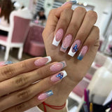 Popxstar 24Pcs Simple Black Fake Nail Short Square Head False Nails with Glitter Star Designs Wearable French Press on Nail Tips Manicure