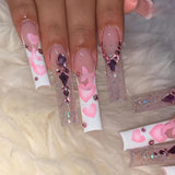 Popxstar 24Pcs French Long Ballet Nails Set Press on Long False Nails with Pink Rhinestone Wearable Coffin Fake Nails Full Cover Nail Tip