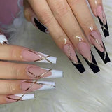 Popxstar 24Pcs French Long Ballet Nails Set Press on Long False Nails with Pink Rhinestone Wearable Coffin Fake Nails Full Cover Nail Tip