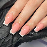 Popxstar 24Pcs Simple Black Fake Nail Short Square Head False Nails with Glitter Star Designs Wearable French Press on Nail Tips Manicure