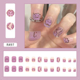 24pcs French Fake Nails Short Art Nail Tips Press Stick on False with Designs Full Cover Artificial Pink Wearable Clear Tips