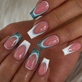 Popxstar 24pcs Summer False Nails with Designs Charms Flame Long Ballerina Fake Nails Wearable Coffin French Nails Tips Press On Nails