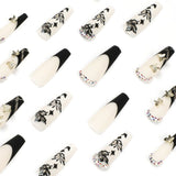 24Pcs Full Cover False Nails Black French Butterfly Design Press on Nails with Rhinestones Ballet Fake Nails Wearable Nail Tips