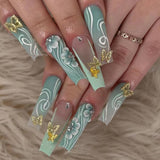 24Pcs Long Ballet False Nails Green Gradient Curve Flower Design Press on Nails with Golden Butterfly Rhinestone Fake Nails