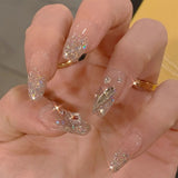 Popxstar 24Pcs Press On Nails Wearable Fake Nails Pink Gradient Glitter Butterfly Rhinestones False Nail Full Cover Acrylic Nail Tips