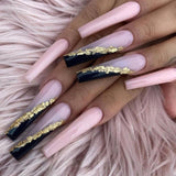 Popxstar 1Box Black Transfer Butterfly Nail Tips 24Pcs/Kit Tai Chi,Smile,Grimace Press On Fake Nails With Glue Long Coffin Wears Nail Tip