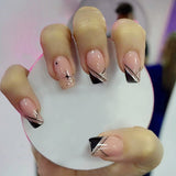 Popxstar 24Pcs Simple Black Fake Nail Short Square Head False Nails with Glitter Star Designs Wearable French Press on Nail Tips Manicure