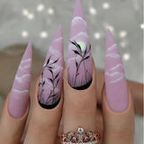 Popxstar 1Box Black Transfer Butterfly Nail Tips 24Pcs/Kit Tai Chi,Smile,Grimace Press On Fake Nails With Glue Long Coffin Wears Nail Tip