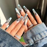 Popxstar 1Box Black Transfer Butterfly Nail Tips 24Pcs/Kit Tai Chi,Smile,Grimace Press On Fake Nails With Glue Long Coffin Wears Nail Tip