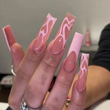 Popxstar 24Pcs French Long Ballet Nails Set Press on Long False Nails with Pink Rhinestone Wearable Coffin Fake Nails Full Cover Nail Tip