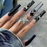 24Pcs Full Cover False Nails Black French Butterfly Design Press on Nails with Rhinestones Ballet Fake Nails Wearable Nail Tips