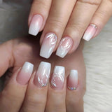 Popxstar 24Pcs Press On Nails Wearable Fake Nails Pink Gradient Glitter Butterfly Rhinestones False Nail Full Cover Acrylic Nail Tips