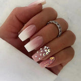 Popxstar 24Pcs Press On Nails Wearable Fake Nails Pink Gradient Glitter Butterfly Rhinestones False Nail Full Cover Acrylic Nail Tips