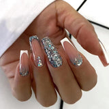 Popxstar 24Pcs Press On Nails Wearable Fake Nails Pink Gradient Glitter Butterfly Rhinestones False Nail Full Cover Acrylic Nail Tips