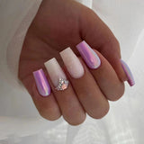 Popxstar 24Pcs Press On Nails Wearable Fake Nails Pink Gradient Glitter Butterfly Rhinestones False Nail Full Cover Acrylic Nail Tips