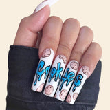 Popxstar 1Box Black Transfer Butterfly Nail Tips 24Pcs/Kit Tai Chi,Smile,Grimace Press On Fake Nails With Glue Long Coffin Wears Nail Tip