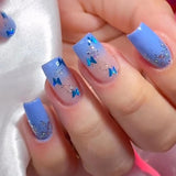 Popxstar 24Pcs Simple Black Fake Nail Short Square Head False Nails with Glitter Star Designs Wearable French Press on Nail Tips Manicure