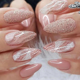 Popxstar 24Pcs False Nails With Glue Almond Pink Butterfly Design Detachable Rhinestones Acrylic Fake Nails long stiletto Press On Nails