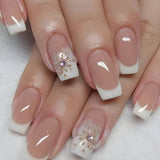 Popxstar 24Pcs Glitter Pink Gradient False Nails Wearable French Fake Nail with Rhinestone Designs Short Ballet Press on Nails Manicure