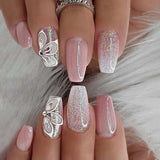 Popxstar 24Pcs Press On Nails Wearable Fake Nails Pink Gradient Glitter Butterfly Rhinestones False Nail Full Cover Acrylic Nail Tips