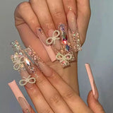 Popxstar 24Pcs French Long Ballet Nails Set Press on Long False Nails with Pink Rhinestone Wearable Coffin Fake Nails Full Cover Nail Tip