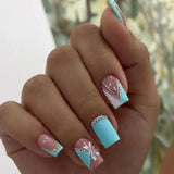 Popxstar 24Pcs Short Square/round Head Fake Nail Glitter Sequin French False Nails Wearable Artificial Press on Nails Manicure Tools