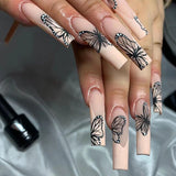 Popxstar 1Box Black Transfer Butterfly Nail Tips 24Pcs/Kit Tai Chi,Smile,Grimace Press On Fake Nails With Glue Long Coffin Wears Nail Tip