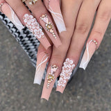24Pcs Long Ballet False Nails Green Gradient Curve Flower Design Press on Nails with Golden Butterfly Rhinestone Fake Nails