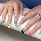 Popxstar Pink Cow Design False Nail French Full Cover Long Coffin Fake Nails Glue DIY Manicure Nail Art Tools Press on Nails Nail Tips Halloween