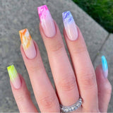 Popxstar 1Box Black Transfer Butterfly Nail Tips 24Pcs/Kit Tai Chi,Smile,Grimace Press On Fake Nails With Glue Long Coffin Wears Nail Tip