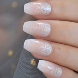 Popxstar Holo Glitter Pink Nude French Ballerina Coffin False Nails Gradient Natural Press on Fake Nails Tips Daily Office Finger Wear