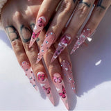Popxstar 24Pcs False Nails With Glue Almond Pink Butterfly Design Detachable Rhinestones Acrylic Fake Nails long stiletto Press On Nails