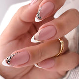 24Pcs Almond False Nails Long French Stiletto Fake Nails with Leopard Print Design Full Cover Press on Nails Tips Manicure