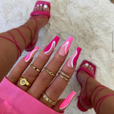 Popxstar Pink Cow Design False Nail French Full Cover Long Coffin Fake Nails Glue DIY Manicure Nail Art Tools Press on Nails Nail Tips Halloween
