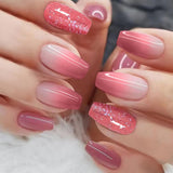 Popxstar 24Pcs Press On Nails Wearable Fake Nails Pink Gradient Glitter Butterfly Rhinestones False Nail Full Cover Acrylic Nail Tips