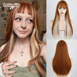 Popxstar Long Orange Wig with Bangs Straight Orange Wigs for Women Cosplay Long Synthetic Orange Wig Natural Looking for Daily Wear