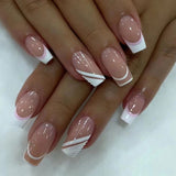 Popxstar 24Pcs Glitter Pink Gradient False Nails Wearable French Fake Nail with Rhinestone Designs Short Ballet Press on Nails Manicure