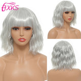 Popxstar Blonde Gold Short Wavy Synthetic Wigs With Bangs Brown Grey Silver Black Color Body Wave Hair Wigs 14Inch 200G For Women FXKS