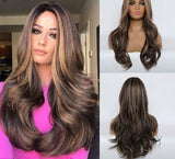 Popxstar 24 Inches  Long Synthetic Natural Wave Brown Ombre Hair Wigs Heat Resistant Hair Wigs for Black Women