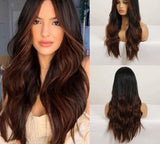 Popxstar 24 Inches  Long Synthetic Natural Wave Brown Ombre Hair Wigs Heat Resistant Hair Wigs for Black Women